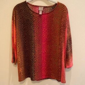 Chico’s CoziSoft Ombré Mix Dolman Knit Tee Animal Red Orange Brown Sz 1 US M